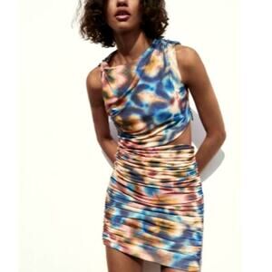 Zara Tan Pink & Blue Watercolor Tie Dye Cut Out Bodycon Mini Dress Size Large